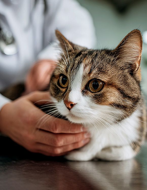 veterinarian examining tabby cat